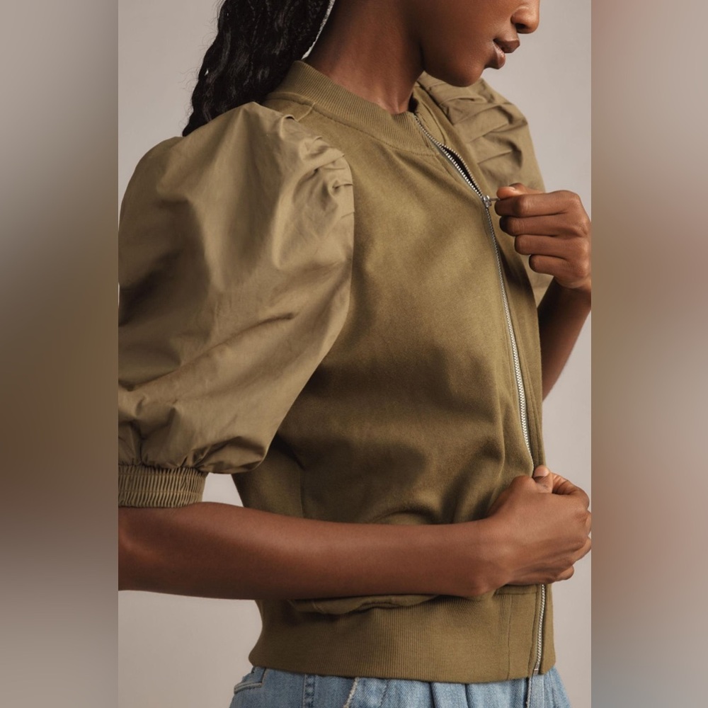 Maeve Anthropologie Olive green Puff Sleeve bomber Jacket top NEW - Picture 2 of 7